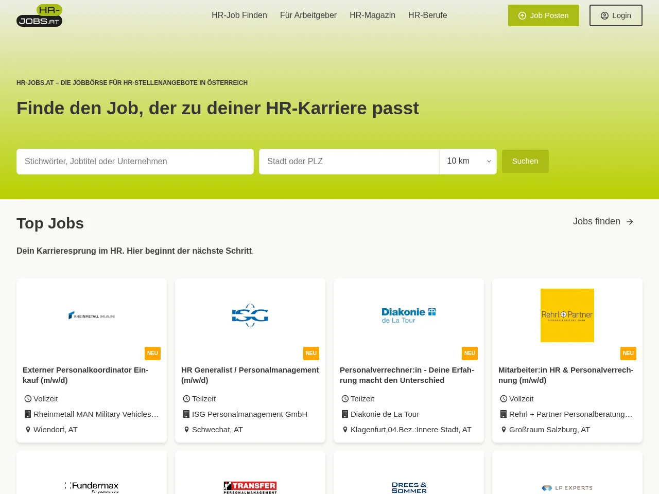 HR-Jobs.at job board platform screenshot showing job search interface