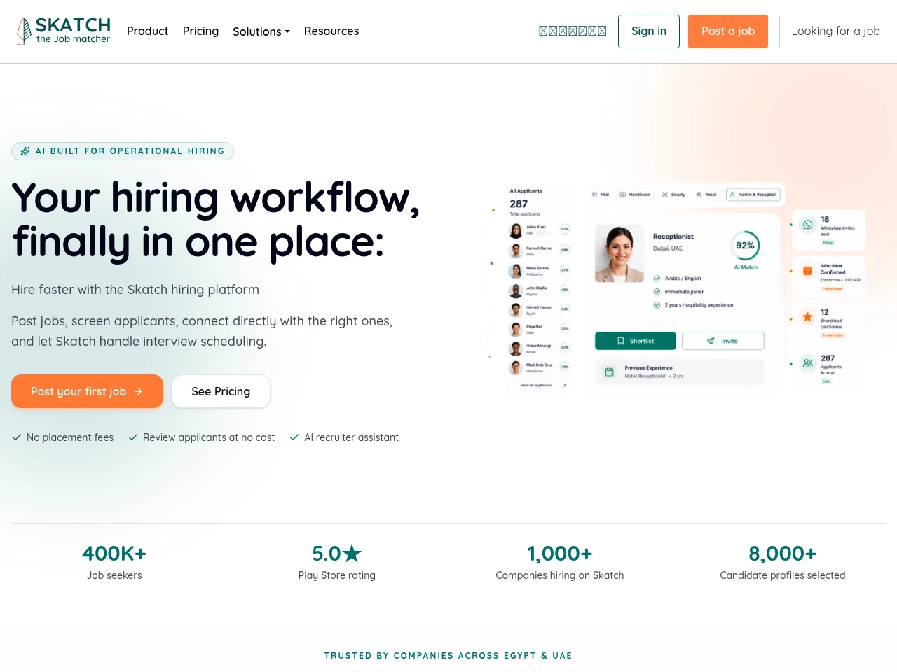 Skatch job board platform screenshot showing job search interface
