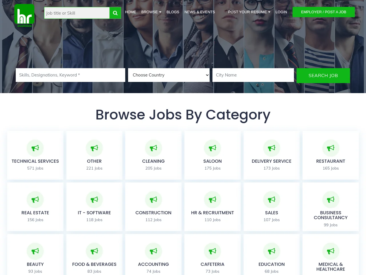 HR Available job board platform screenshot showing job search interface
