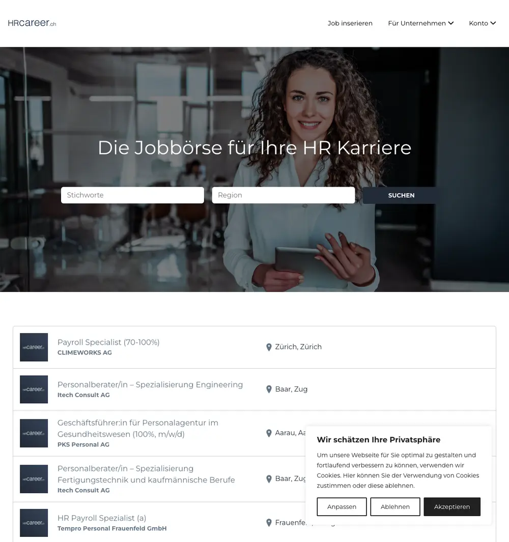hrcareer.ch job board platform screenshot showing job search interface