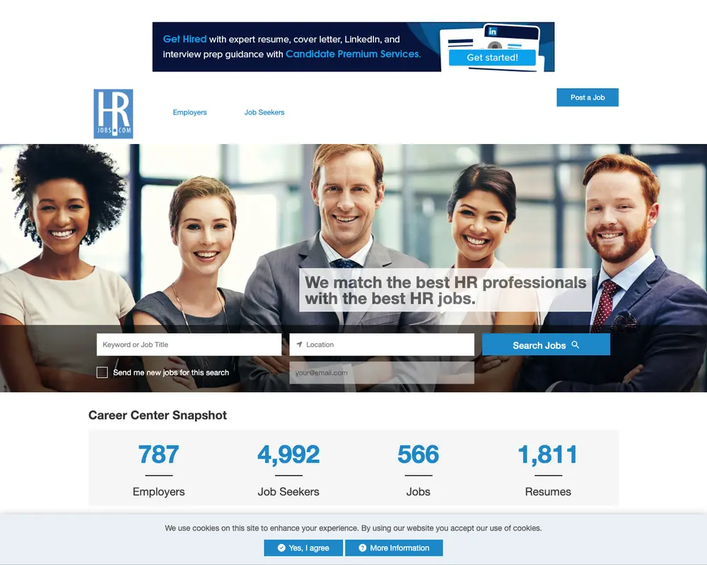 HRJobs.com job board platform screenshot showing job search interface