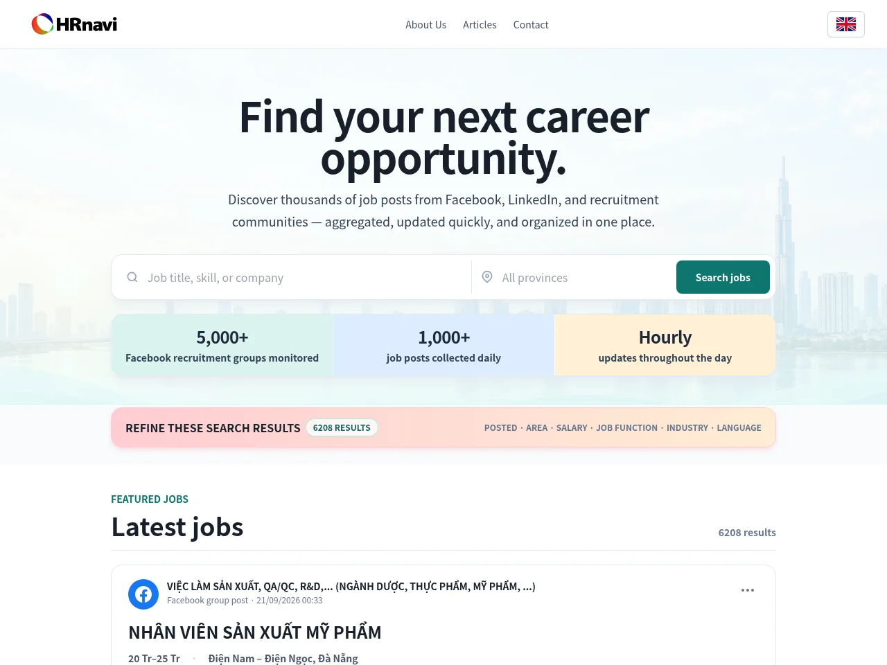 HRnavi job board platform screenshot showing job search interface