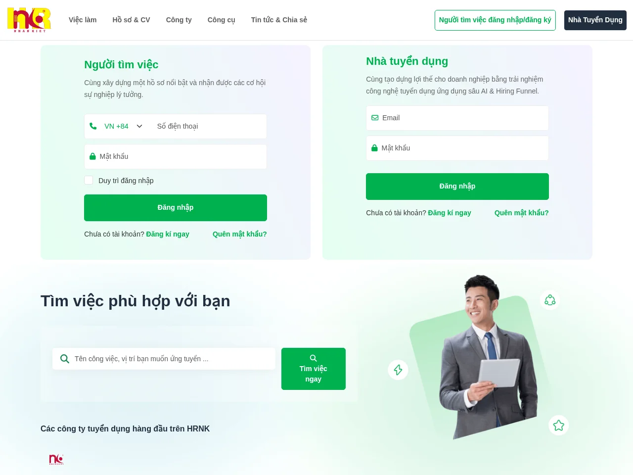HRNK Nhân Kiệt job board platform screenshot showing job search interface
