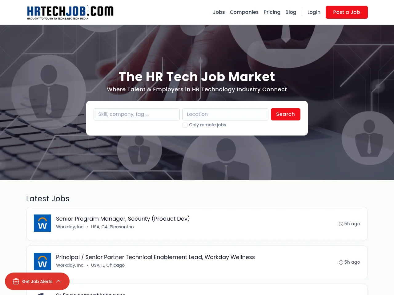 HR Tech Job job board platform screenshot showing job search interface