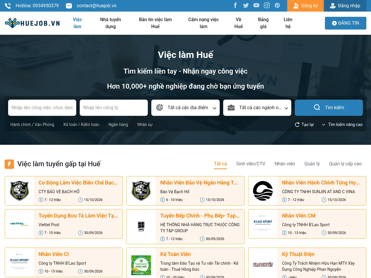 HueJob.vn job board platform screenshot showing job search interface