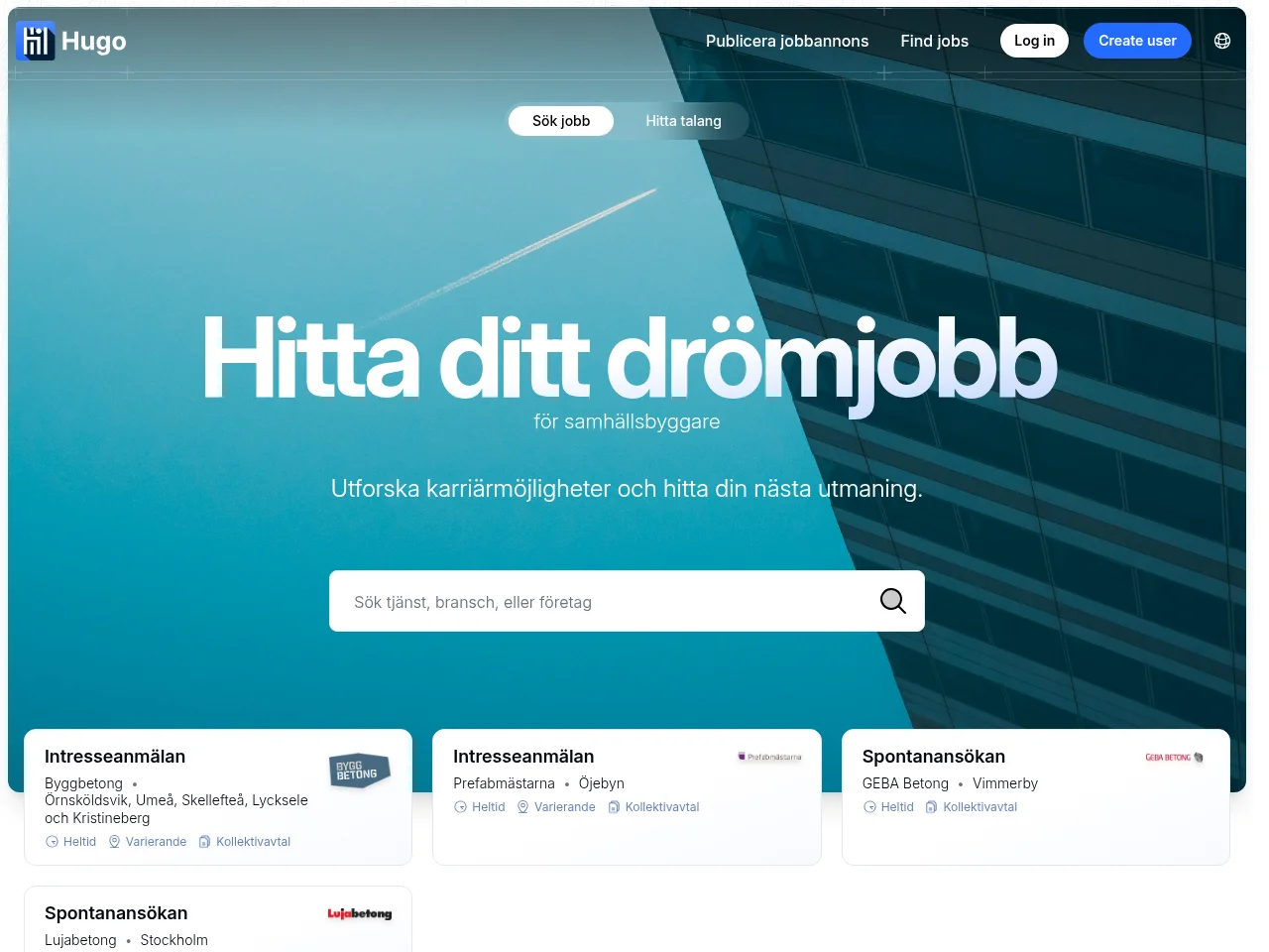 Hugo job board platform screenshot showing job search interface