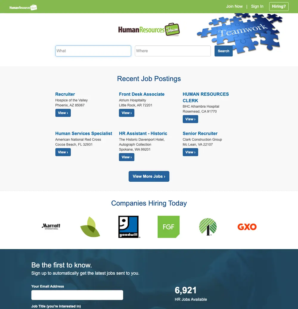 HumanResourcesJobs job board platform screenshot showing job search interface