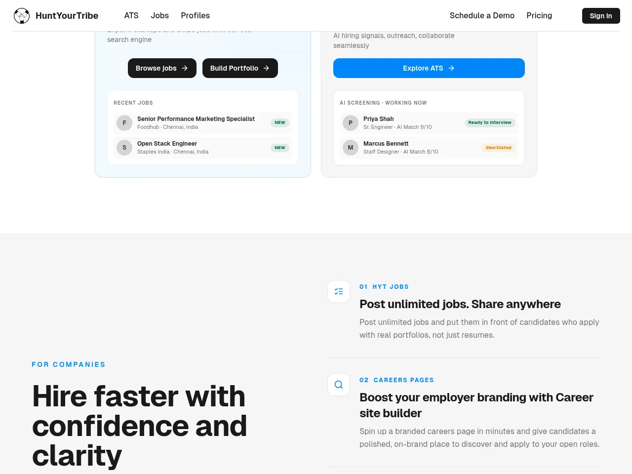 HuntYourTribe job board platform screenshot showing job search interface