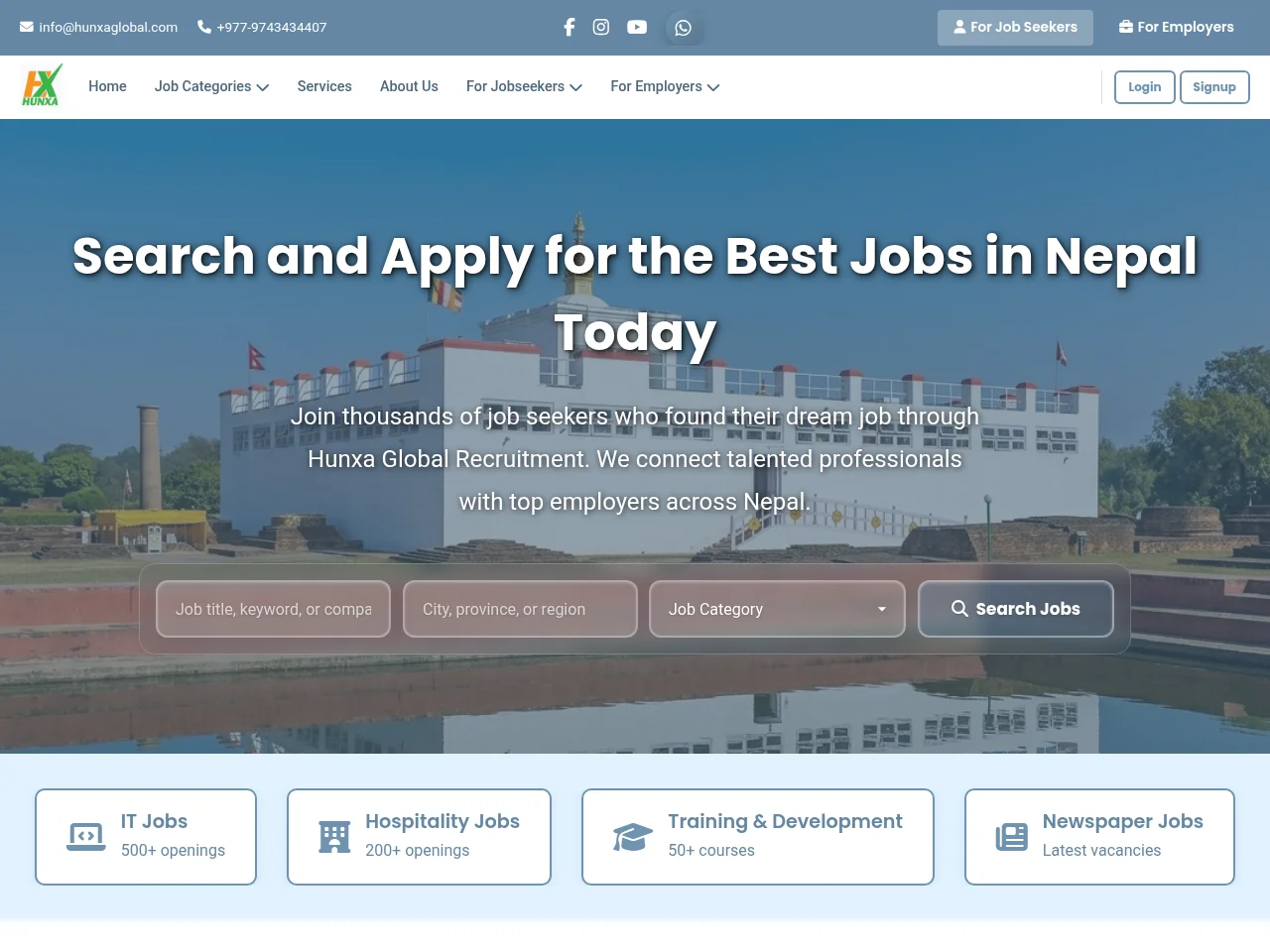 Hunxa Global Recruitment job board platform screenshot showing job search interface
