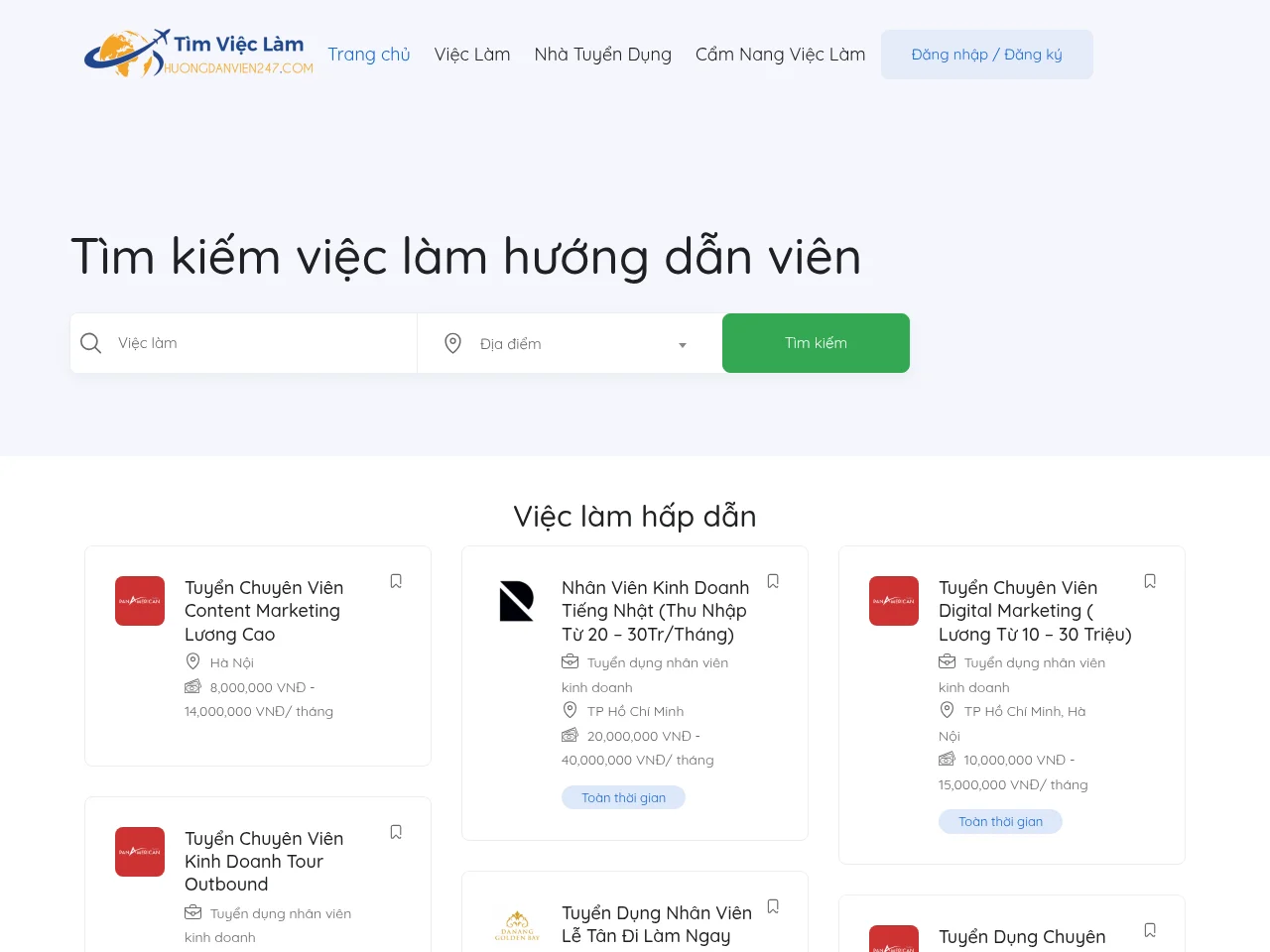 Huongdanvien24h.com job board platform screenshot showing job search interface