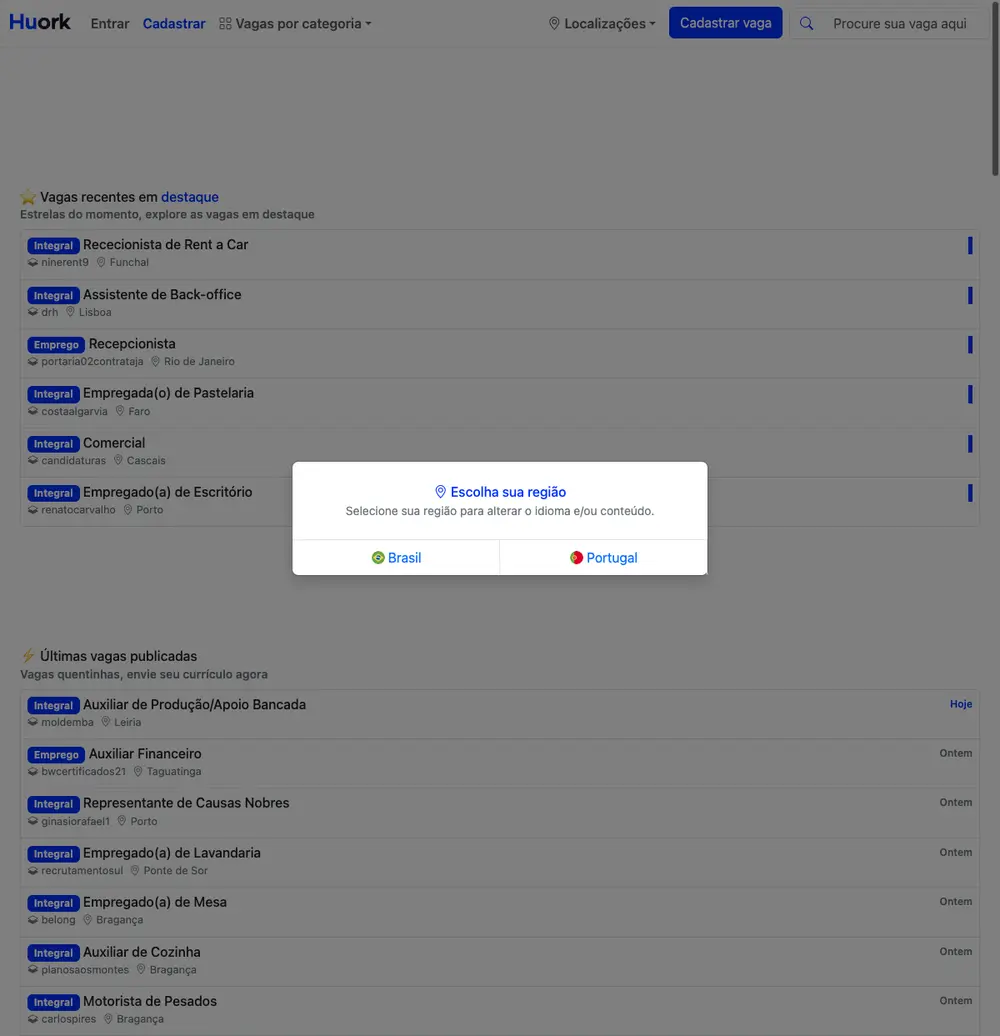 Huork job board platform screenshot showing job search interface