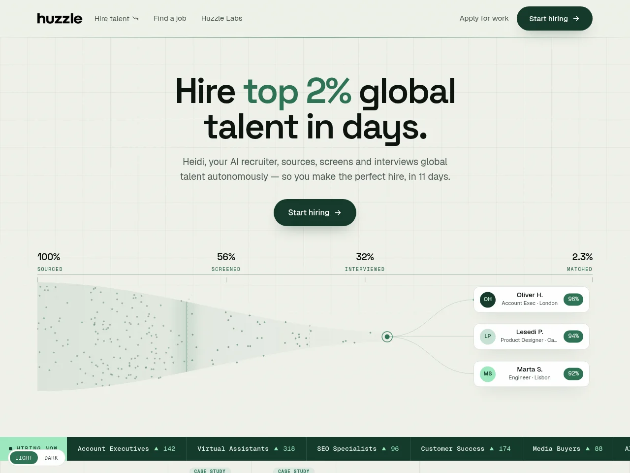 Huzzle job board platform screenshot showing job search interface