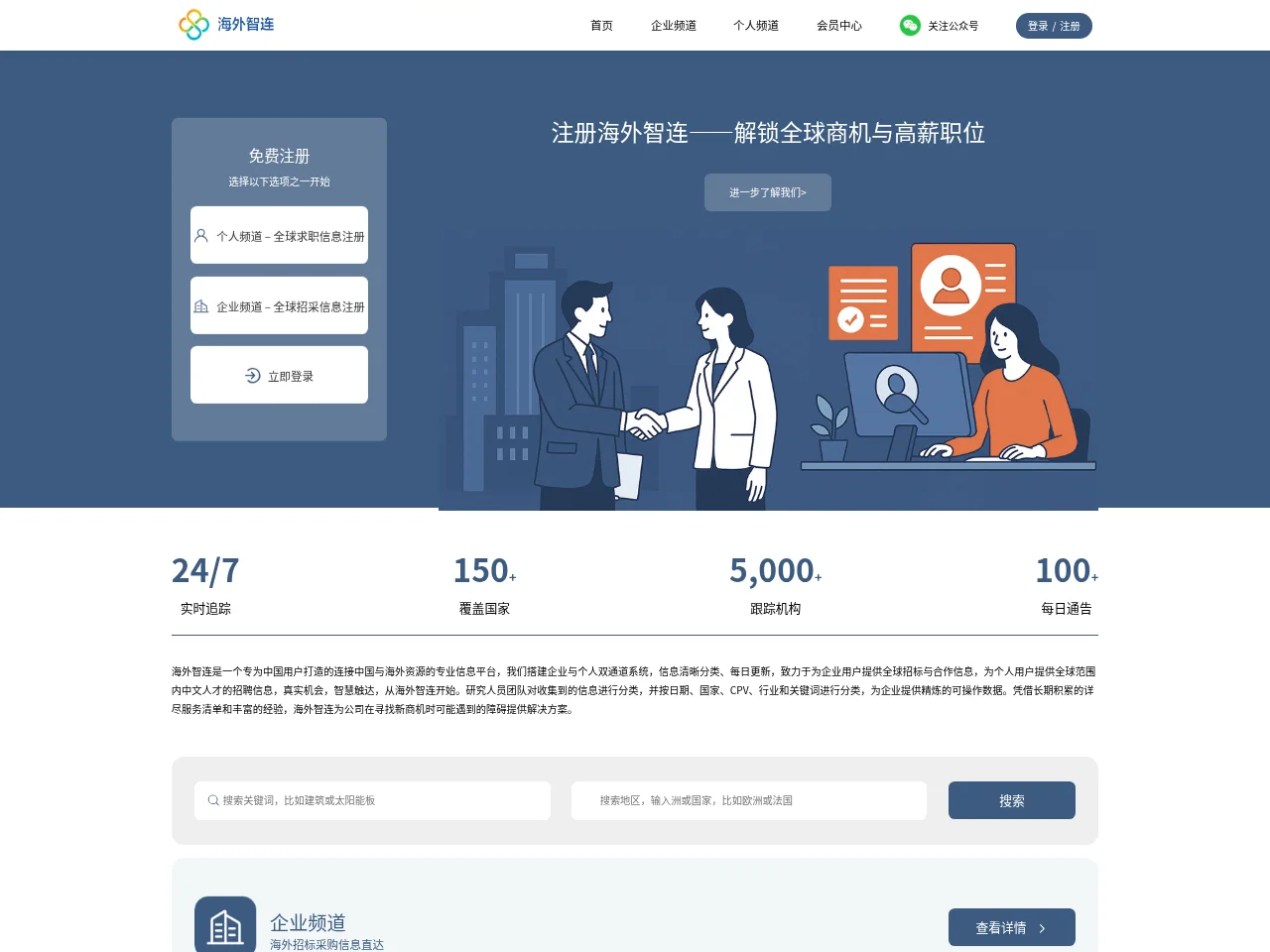 海外智连 GLOBAL LINK job board platform screenshot showing job search interface