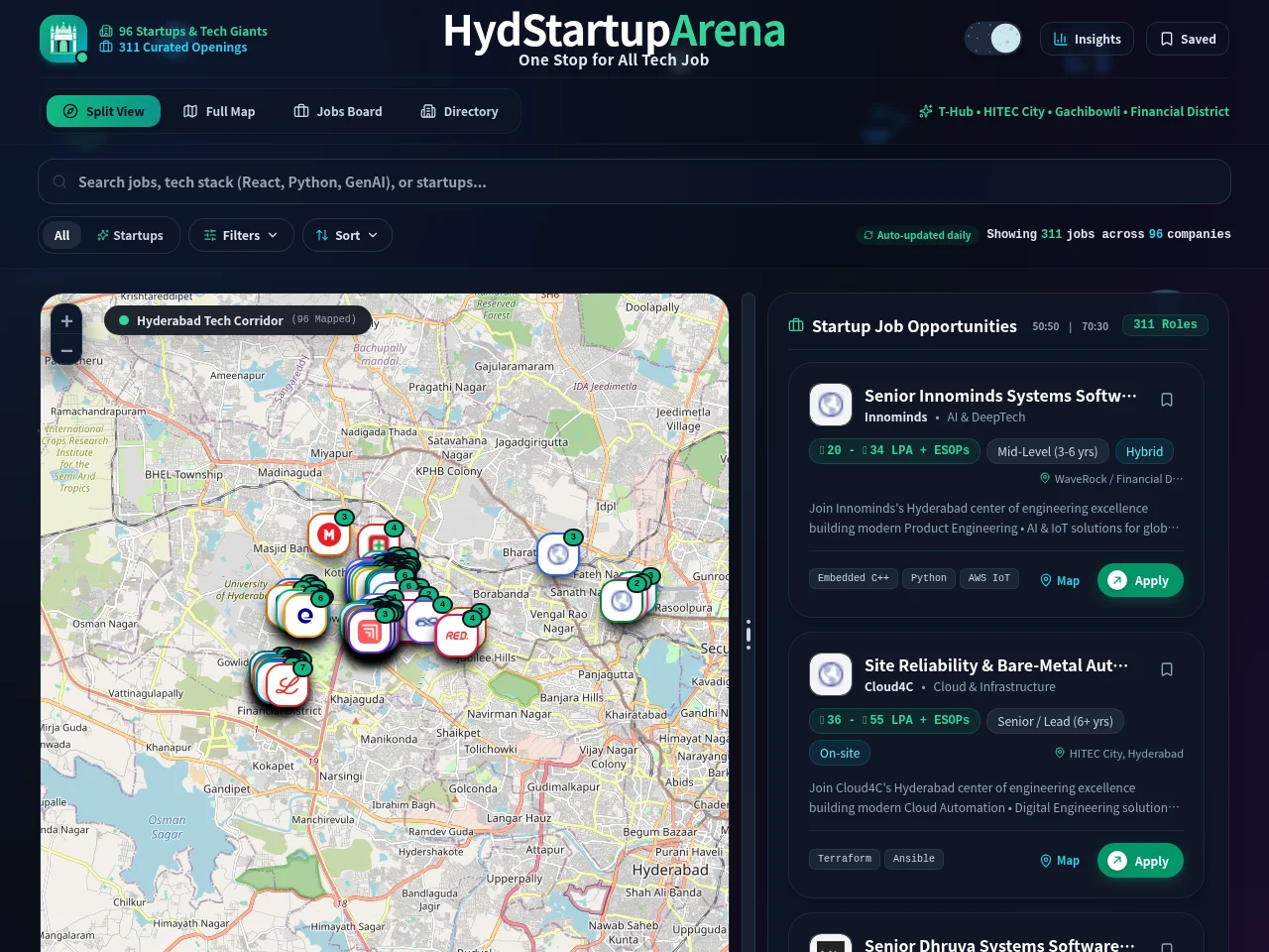 HydStartupArena job board platform screenshot showing job search interface