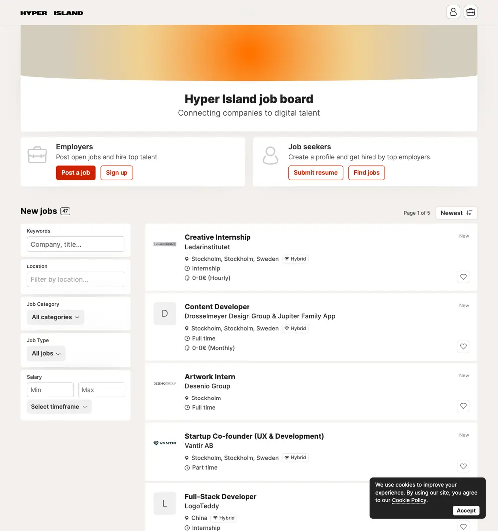 Hyper Island job board job board platform screenshot showing job search interface