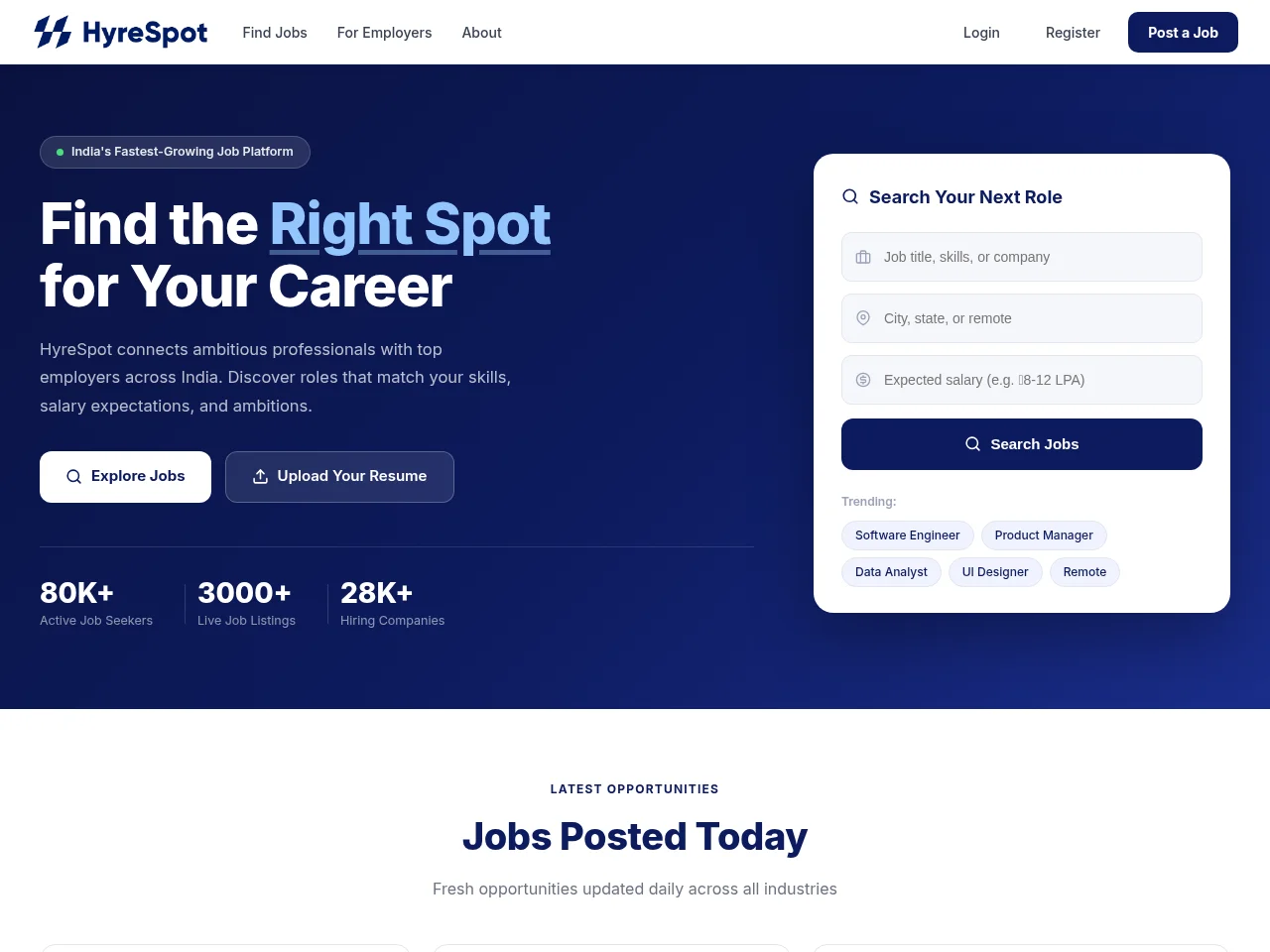 HyreSpot job board platform screenshot showing job search interface