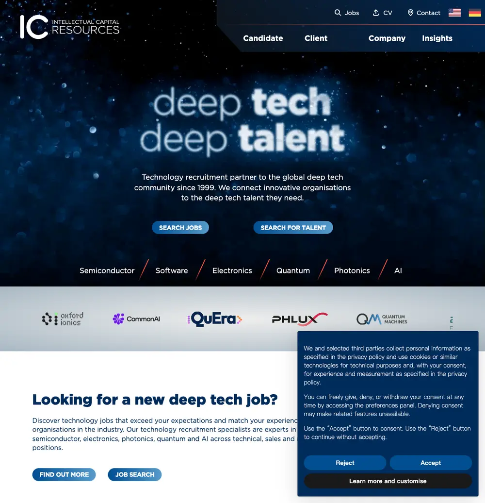 IC Resources job board platform screenshot showing job search interface