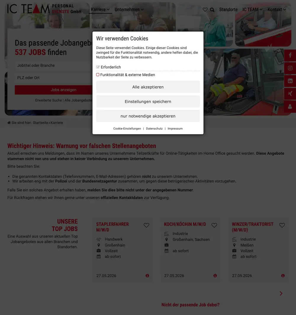 IC TEAM® Personaldienste GmbH job board platform screenshot showing job search interface