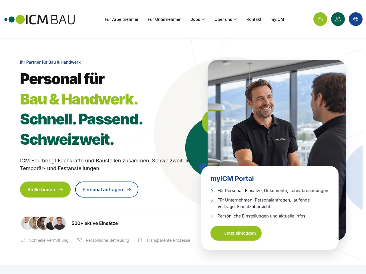 ICM Bau job board platform screenshot showing job search interface