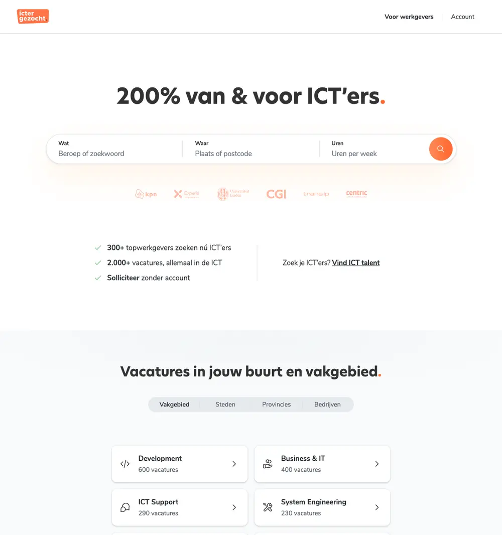 ICTerGezocht.nl job board platform screenshot showing job search interface