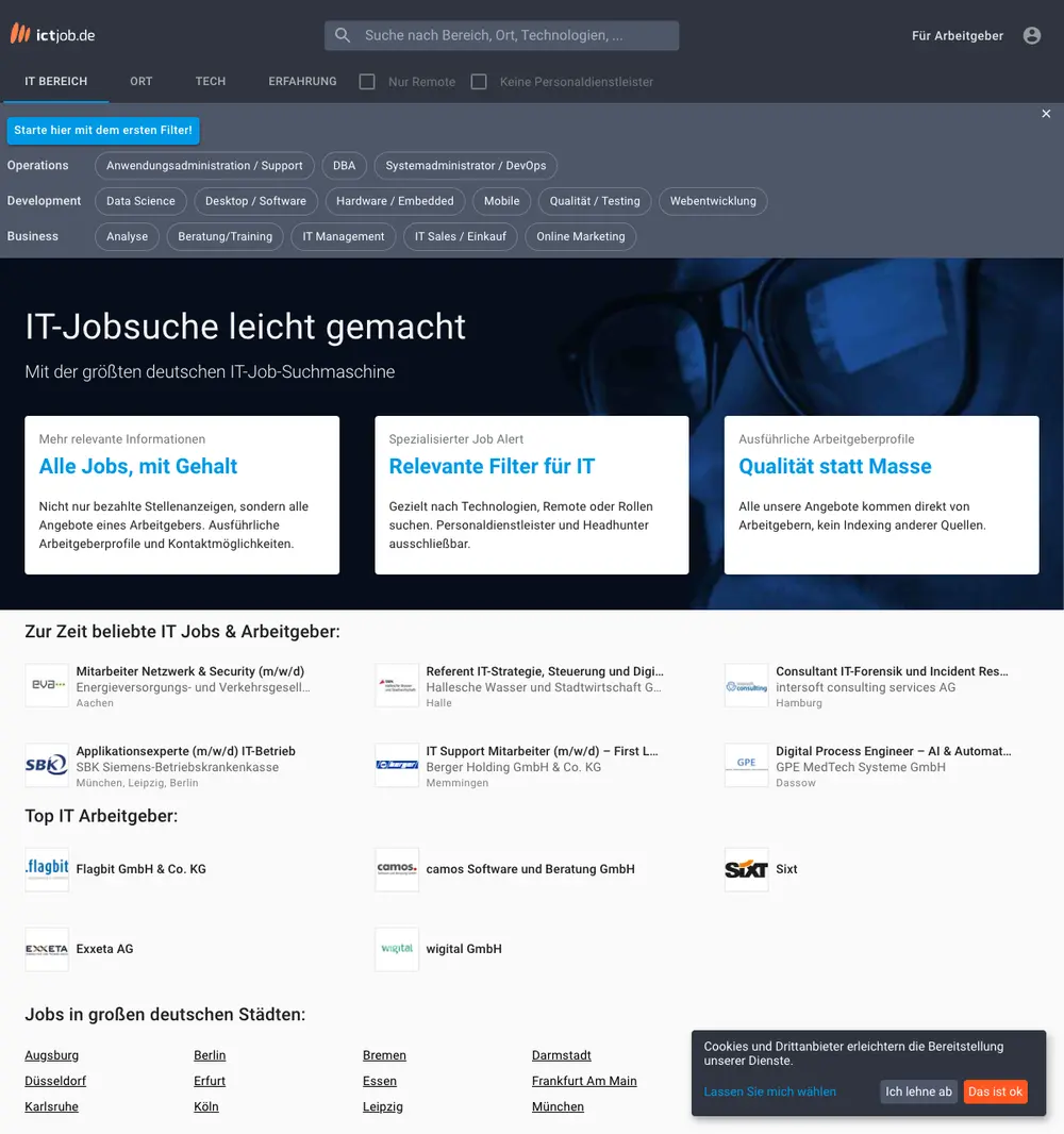 ictjob.de job board platform screenshot showing job search interface