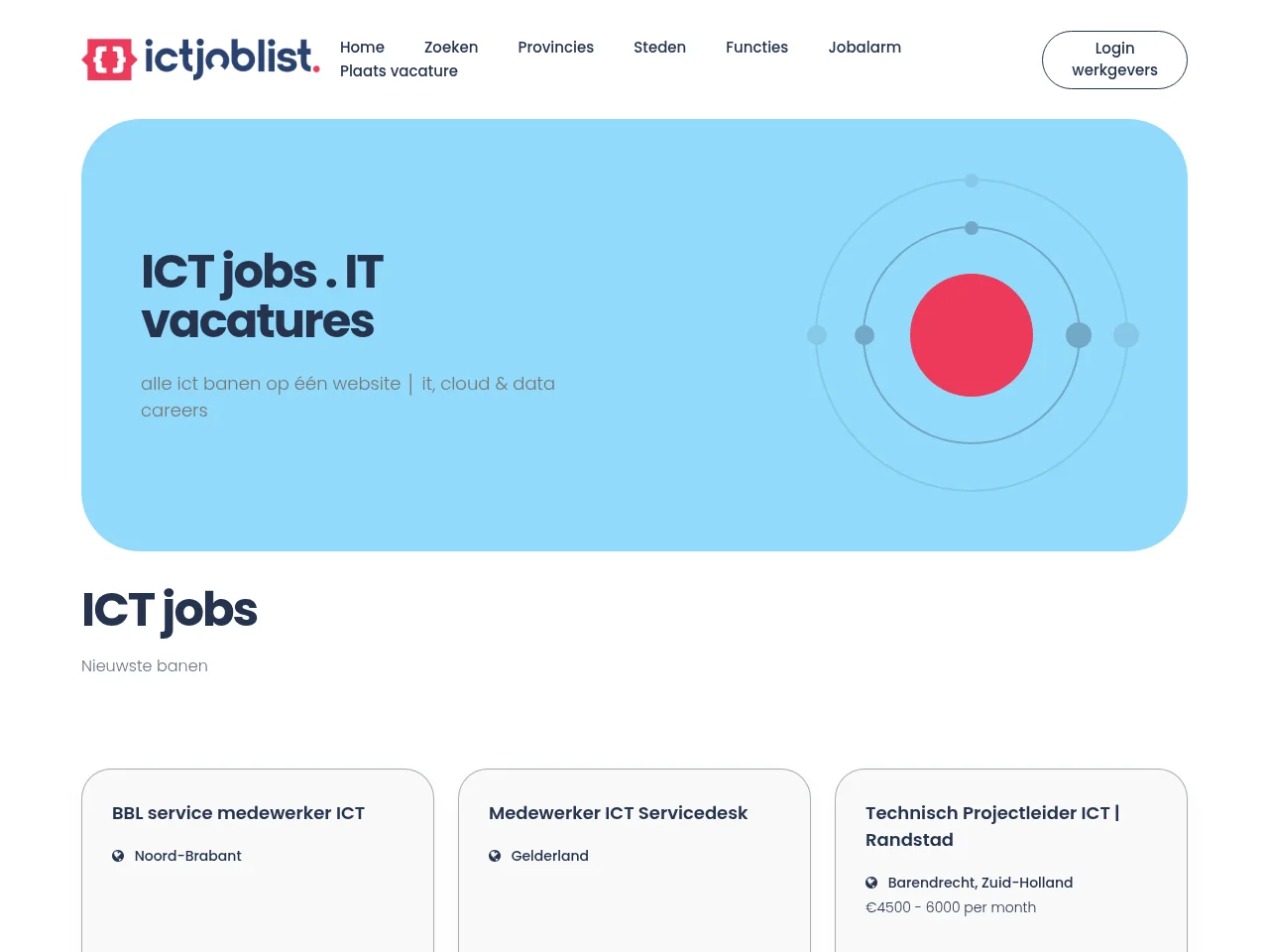 ICTjoblist job board platform screenshot showing job search interface