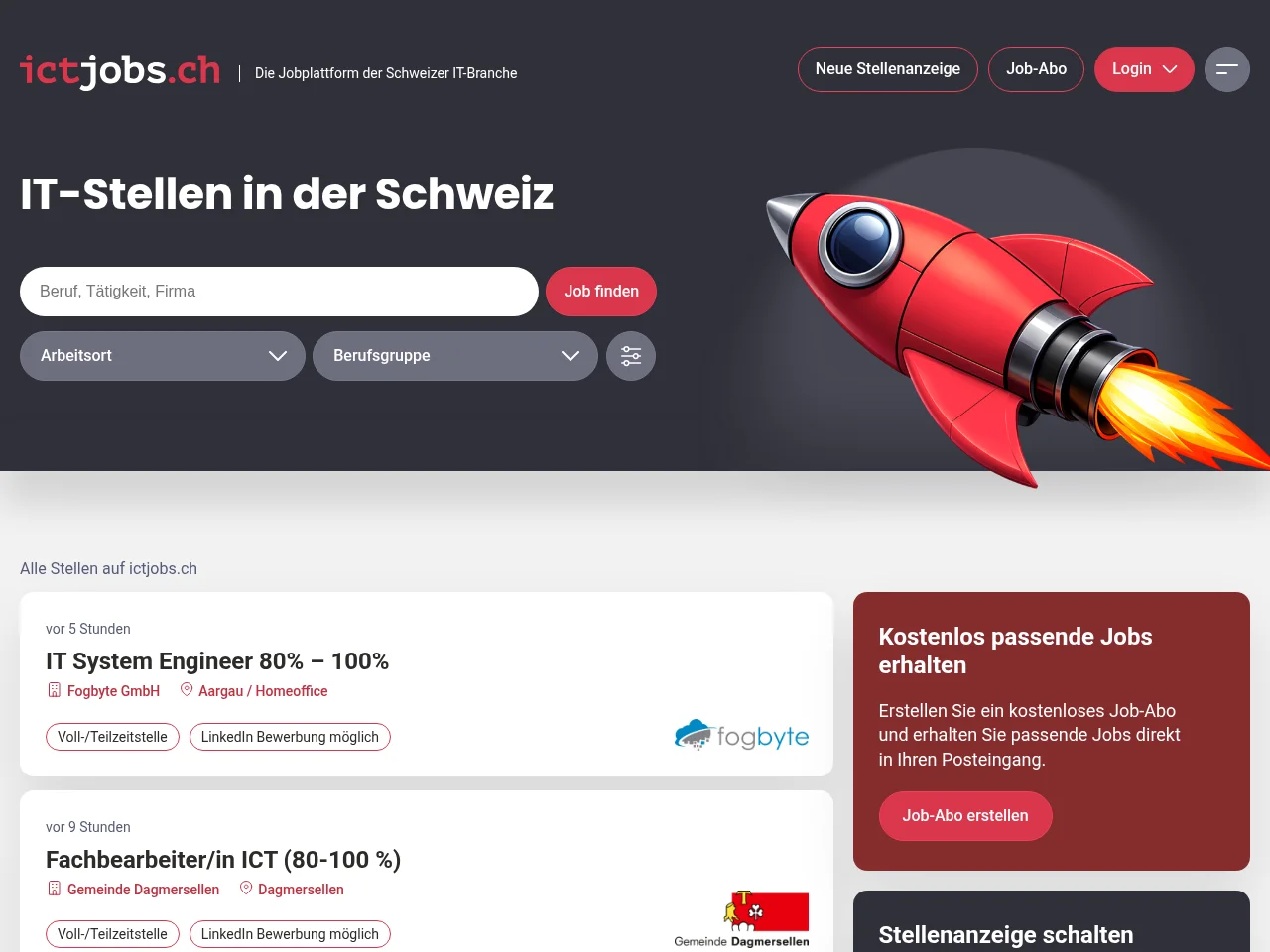 ictjobs.ch job board platform screenshot showing job search interface