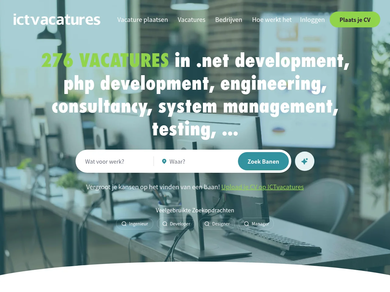 ICTvacatures.nl job board platform screenshot showing job search interface