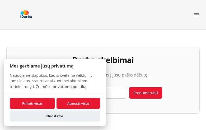 idarba.lt job board platform screenshot showing job search interface