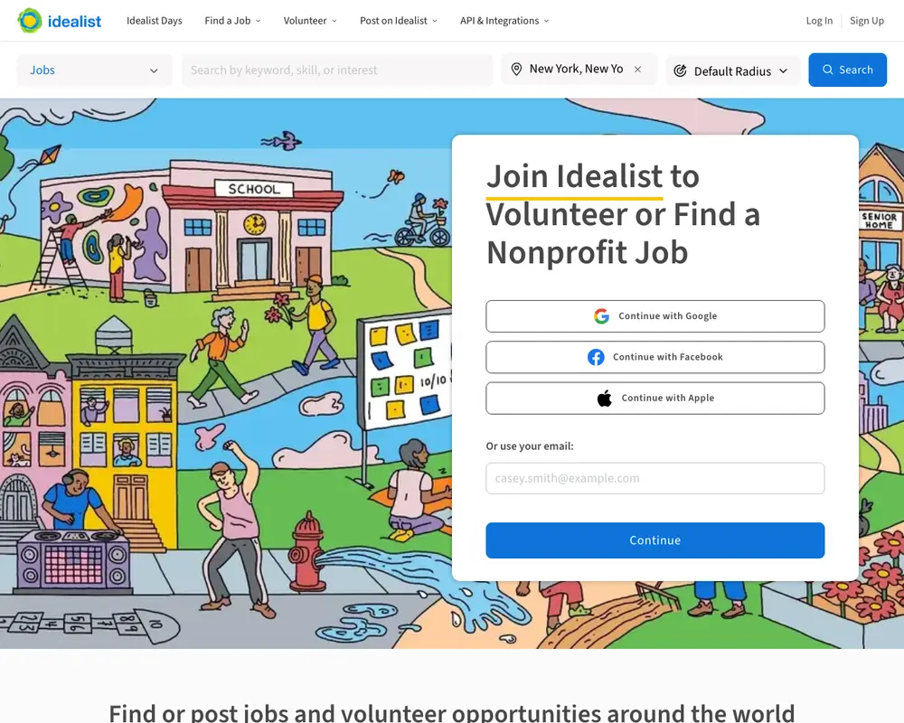 Idealist job board platform screenshot showing job search interface