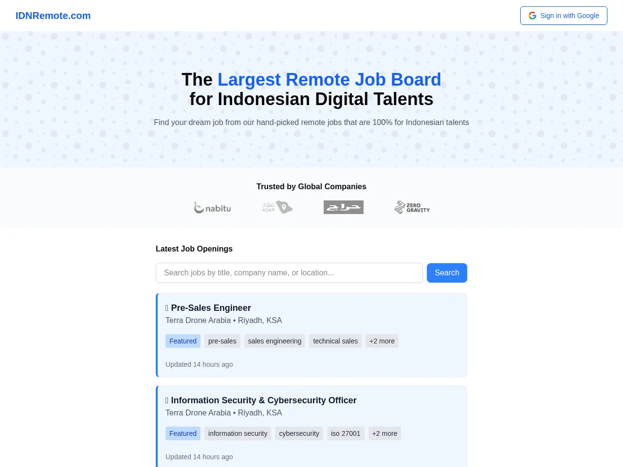 IDN Remote screenshot IDN Remote job board platform screenshot showing job search interface