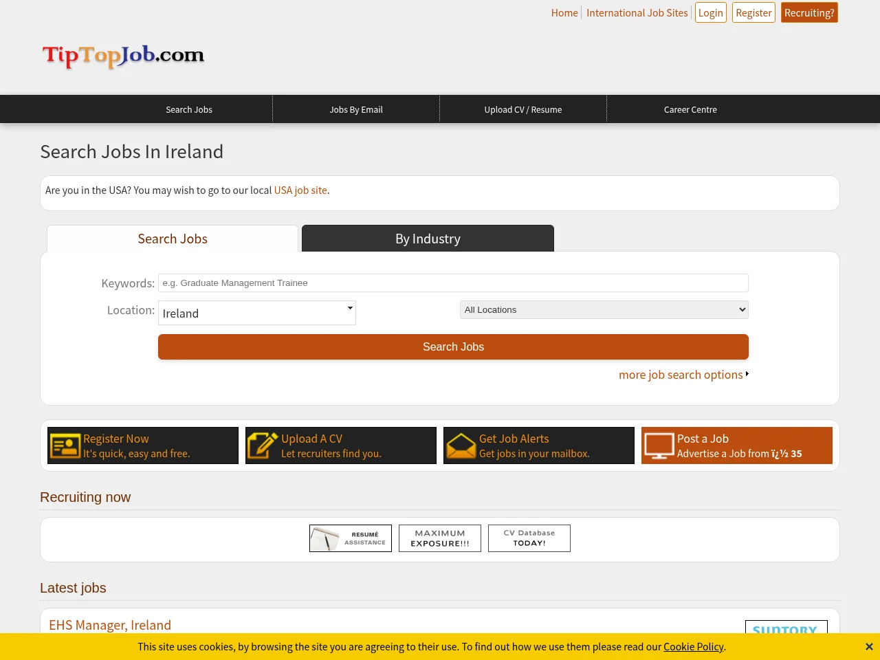 TipTopJob job board platform screenshot showing job search interface