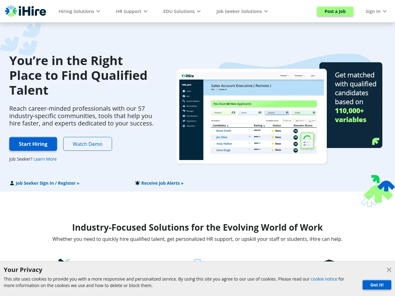 iHire screenshot iHire job board platform screenshot showing job search interface