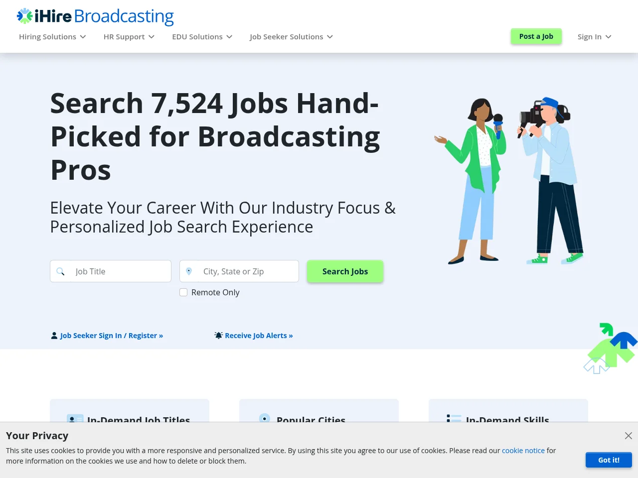 iHireBroadcasting job board platform screenshot showing job search interface