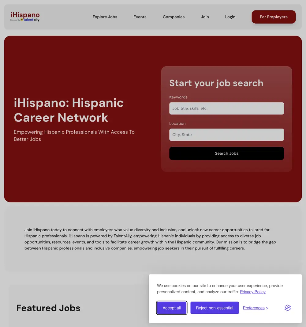 iHispano job board platform screenshot showing job search interface