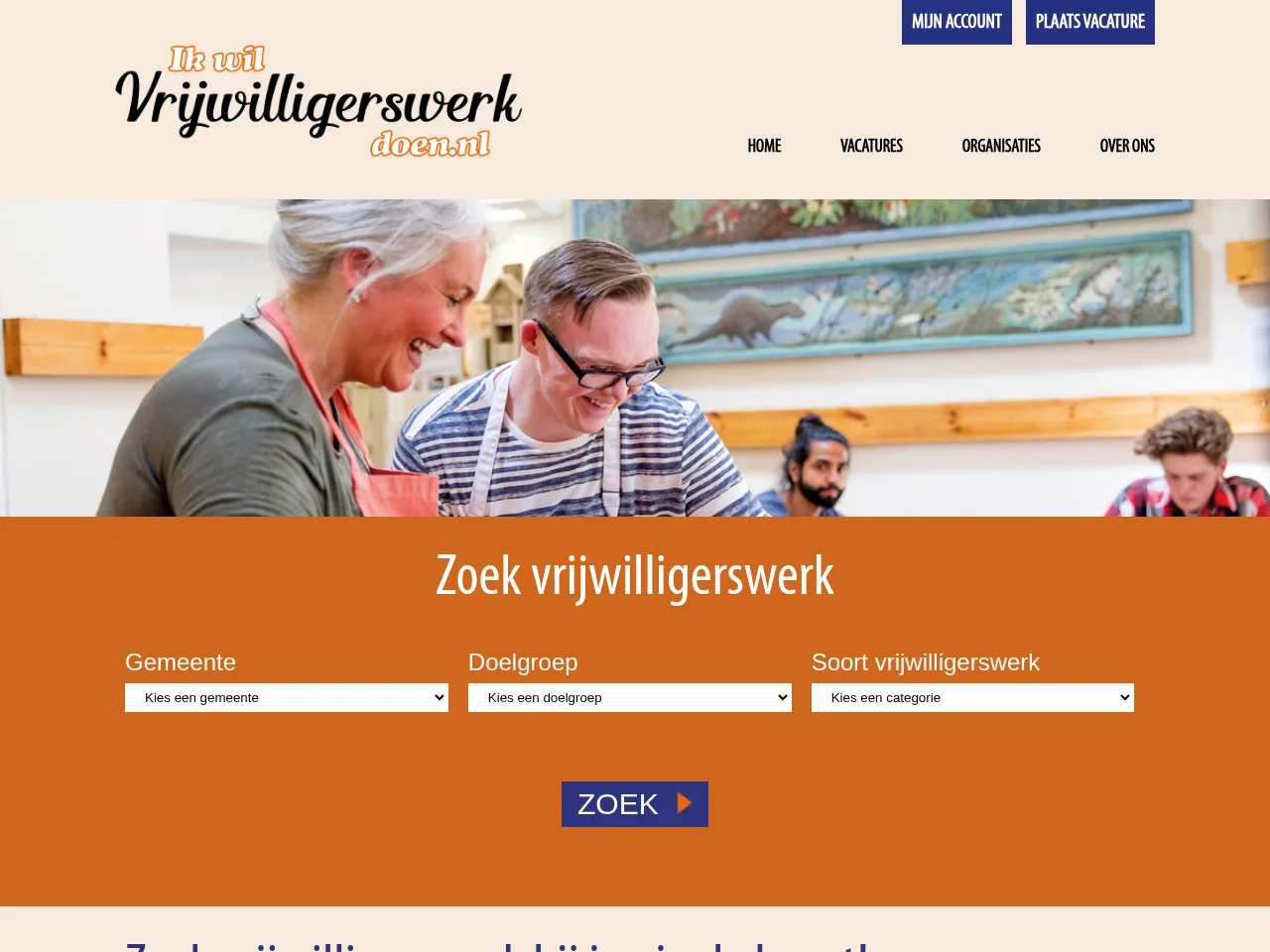 IkWilVrijwilligerswerkDoen.nl job board platform screenshot showing job search interface