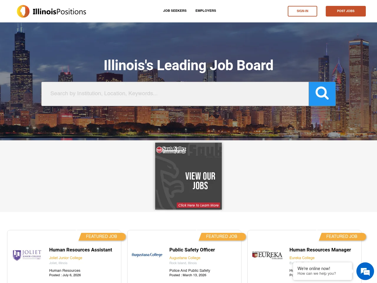 IllinoisPositions.com job board platform screenshot showing job search interface