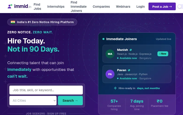 immid.in job board platform screenshot showing job search interface