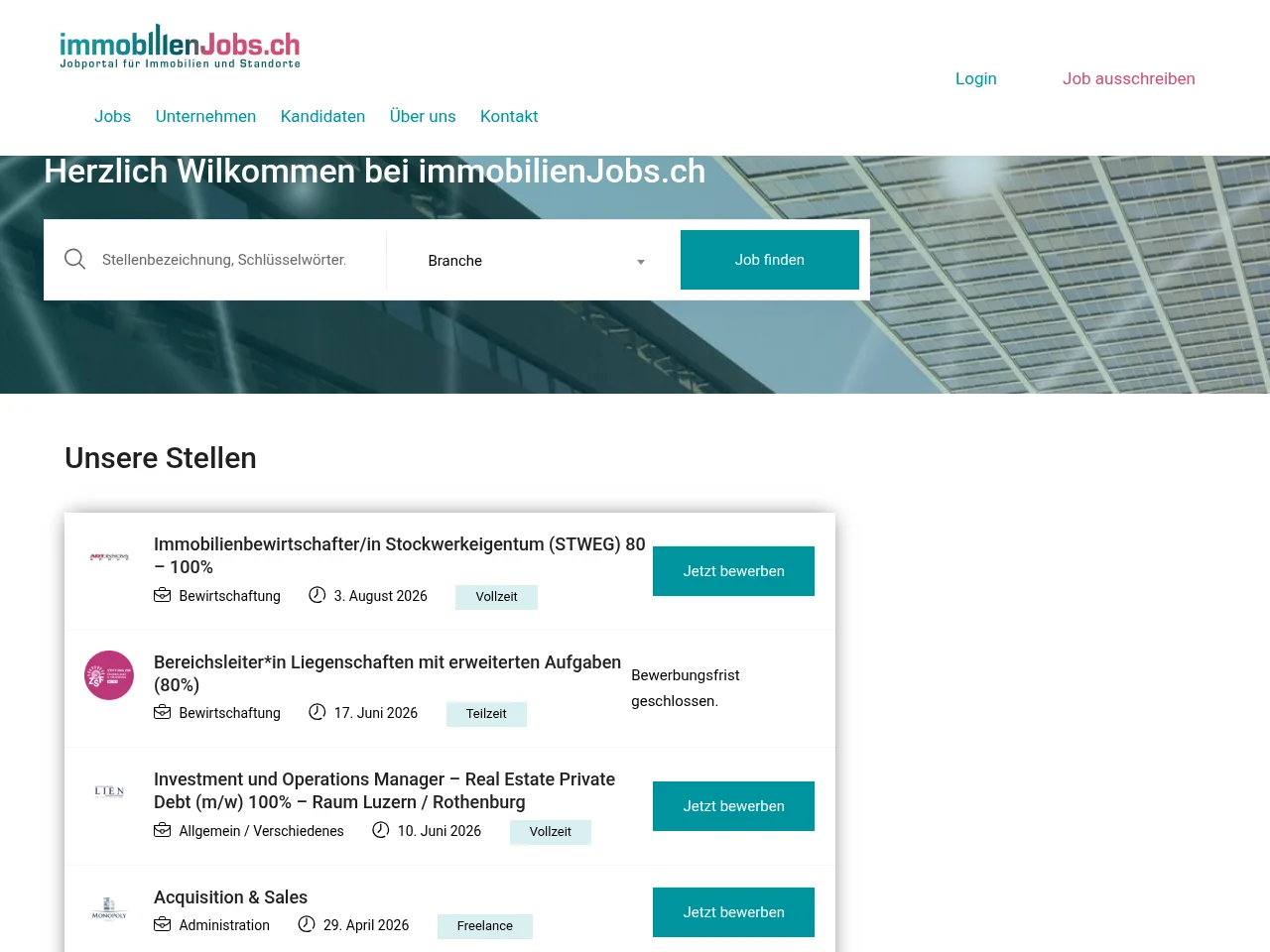 immobilienjobs.ch job board platform screenshot showing job search interface