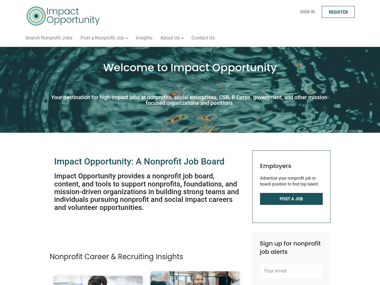Impact Opportunity job board platform screenshot showing job search interface