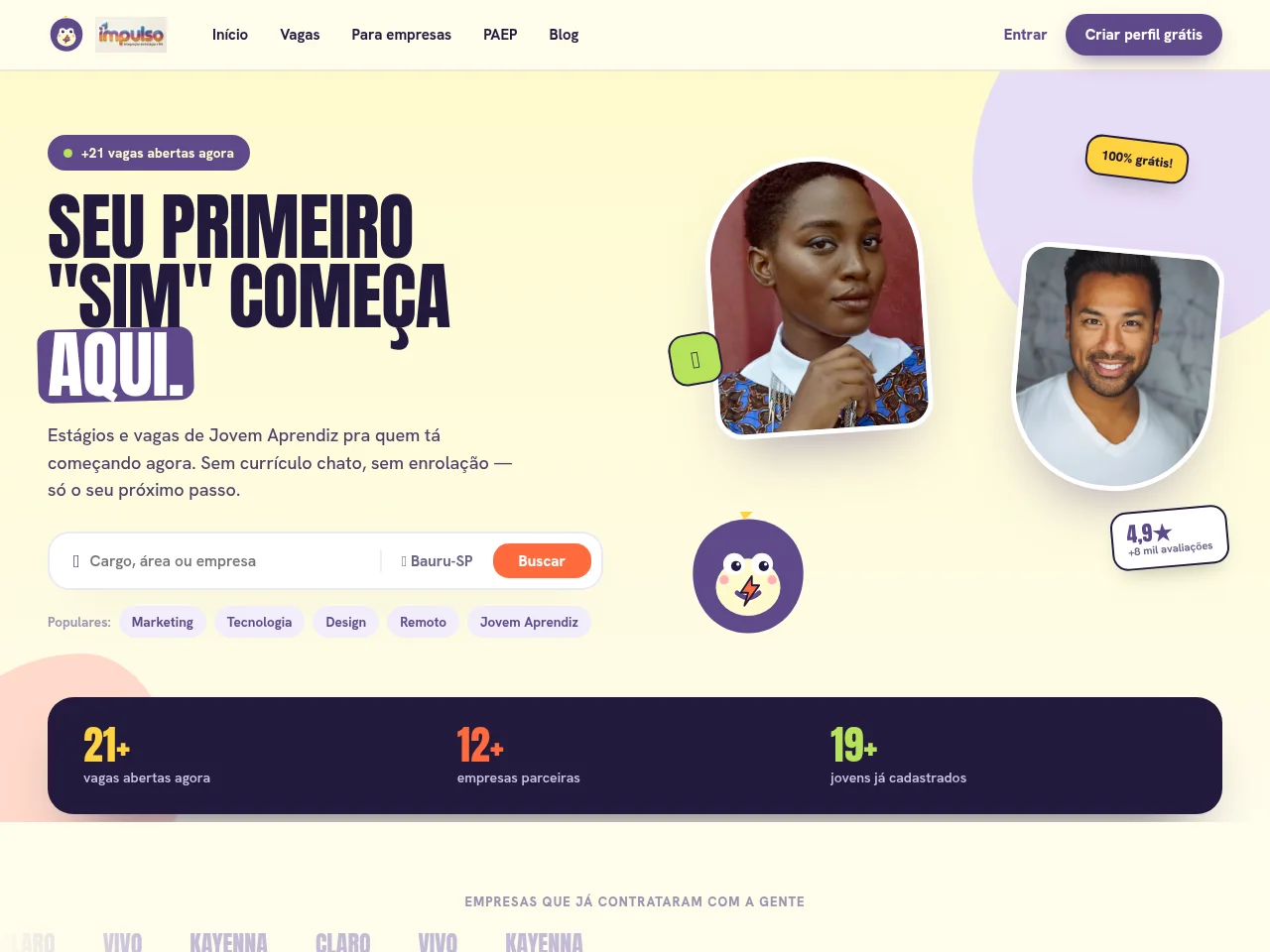 Impulso Estágio job board platform screenshot showing job search interface