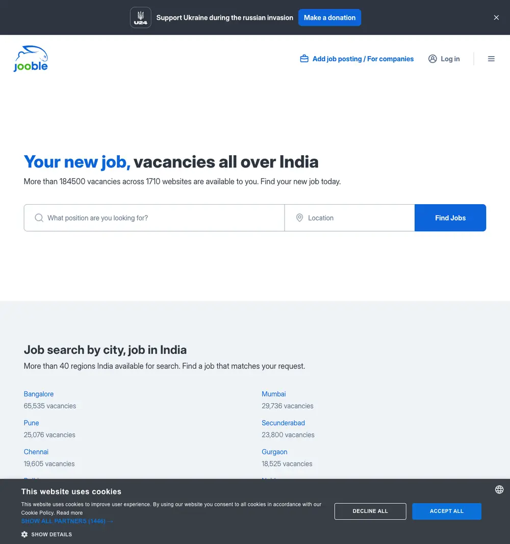 Jooble job board platform screenshot showing job search interface