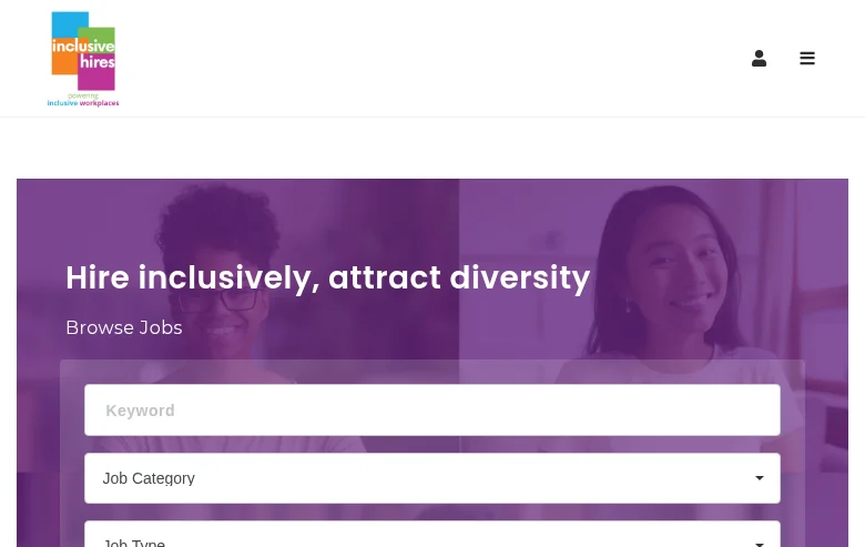 Inclusive Hires job board platform screenshot showing job search interface