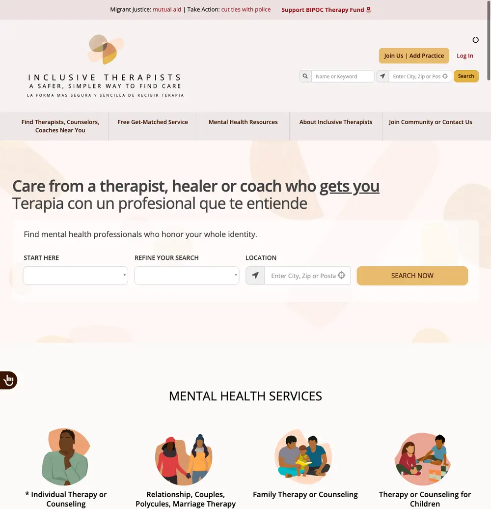 Inclusive Therapists job board platform screenshot showing job search interface