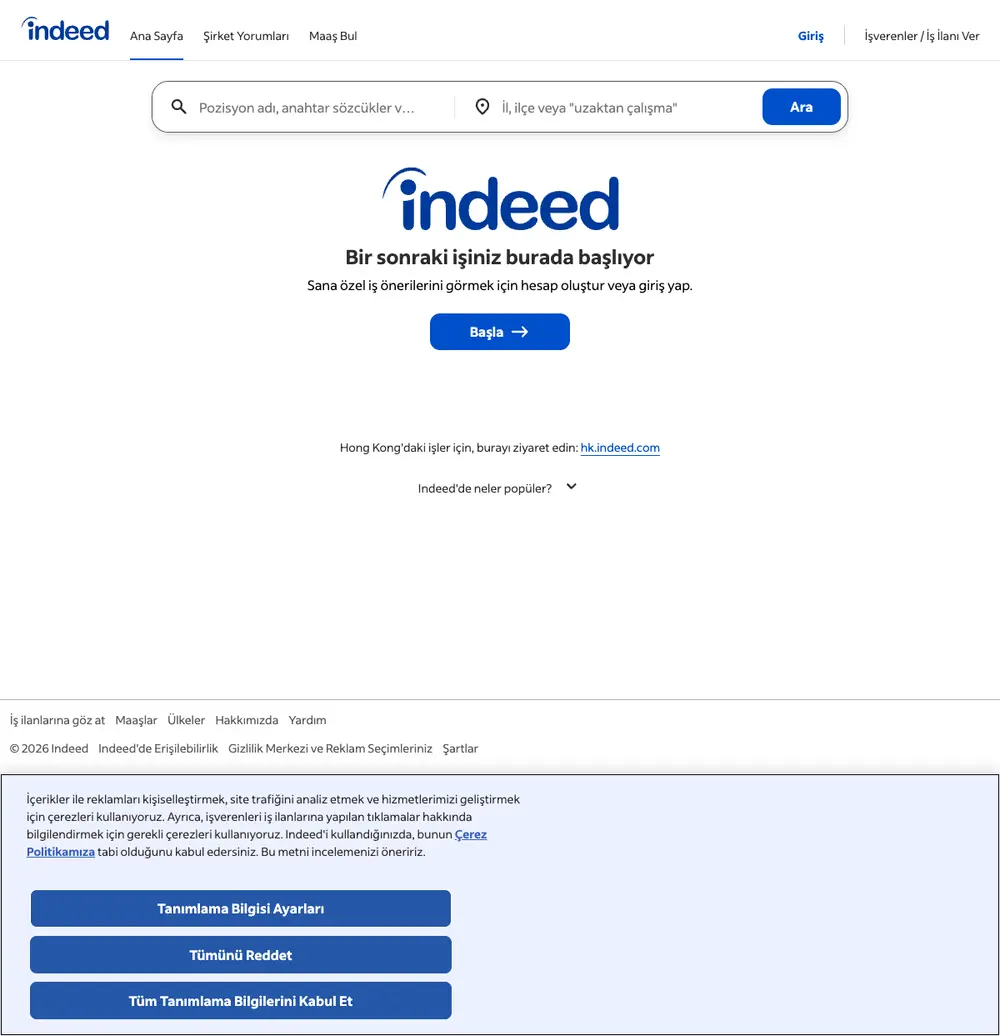 Indeed Turkey job board platform screenshot showing job search interface