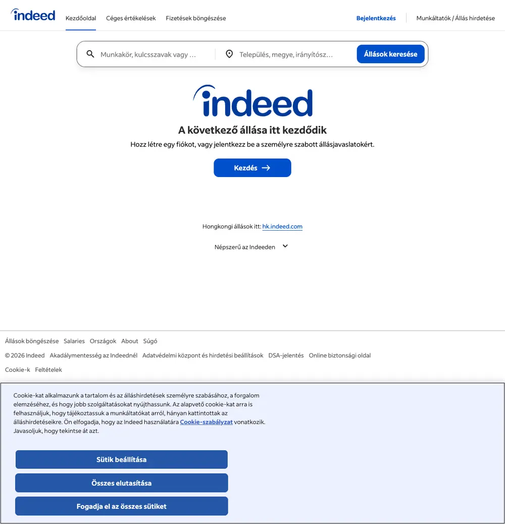 Indeed Hungary job board platform screenshot showing job search interface