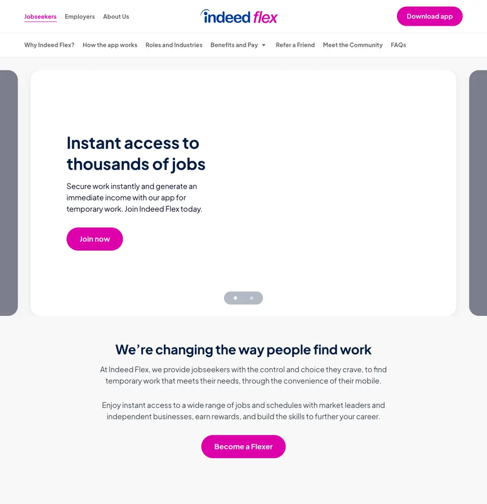 Indeed Flex UK job board platform screenshot showing job search interface
