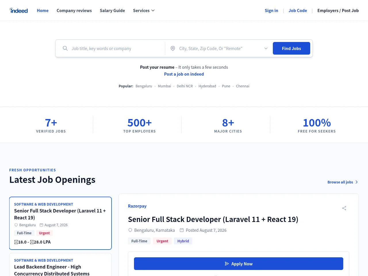 Indeed India Clone job board platform screenshot showing job search interface