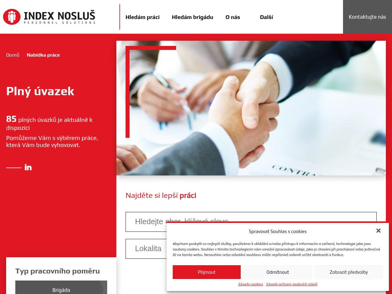 Index Nosluš job board platform screenshot showing job search interface