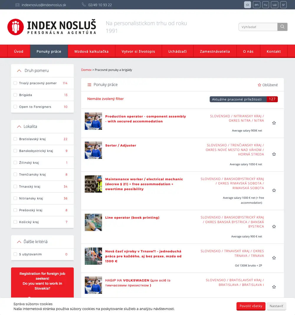 Index Nosluš job board platform screenshot showing job search interface
